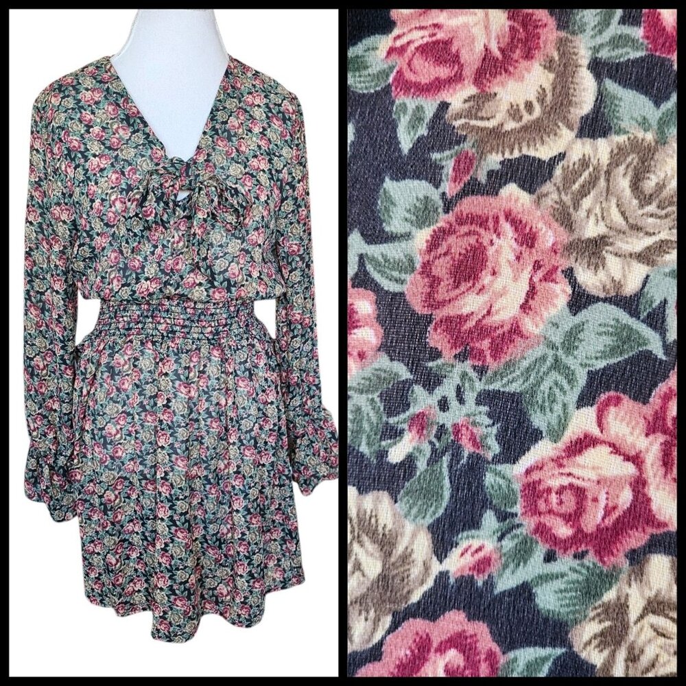 90s Smocked Dark Floral Dress Boho Chiffon Blouson Smocked Sz S Long Sleeve - Picture 10 of 10